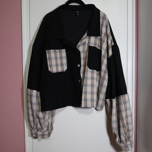 SHEIN EZwear Plus Corduroy Plaid Panel Drop Shoulder Jacket - Picture 1 of 6